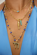Gold Chai on Blue beaded necklace